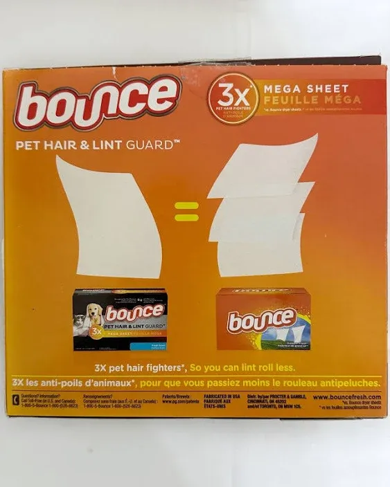 Bounce Pet Hair and Lint Guard Mega Dryer Sheets with 3X Pet Hair Fighters, Fres