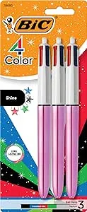 4-Color Shine Retractable Ball Pens, Pink Metallic Barrel, Medium Point, 3-Count