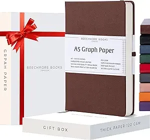 BEECHMORE BOOKS Graph Paper Notebook - Regular, Brown | Premium Square Grid Math & Science Journal | 5.75" x 8.25" Hardcover Vegan Leather | Thick 120gsm Cream Graph Paper | Gift Box for Men & Women