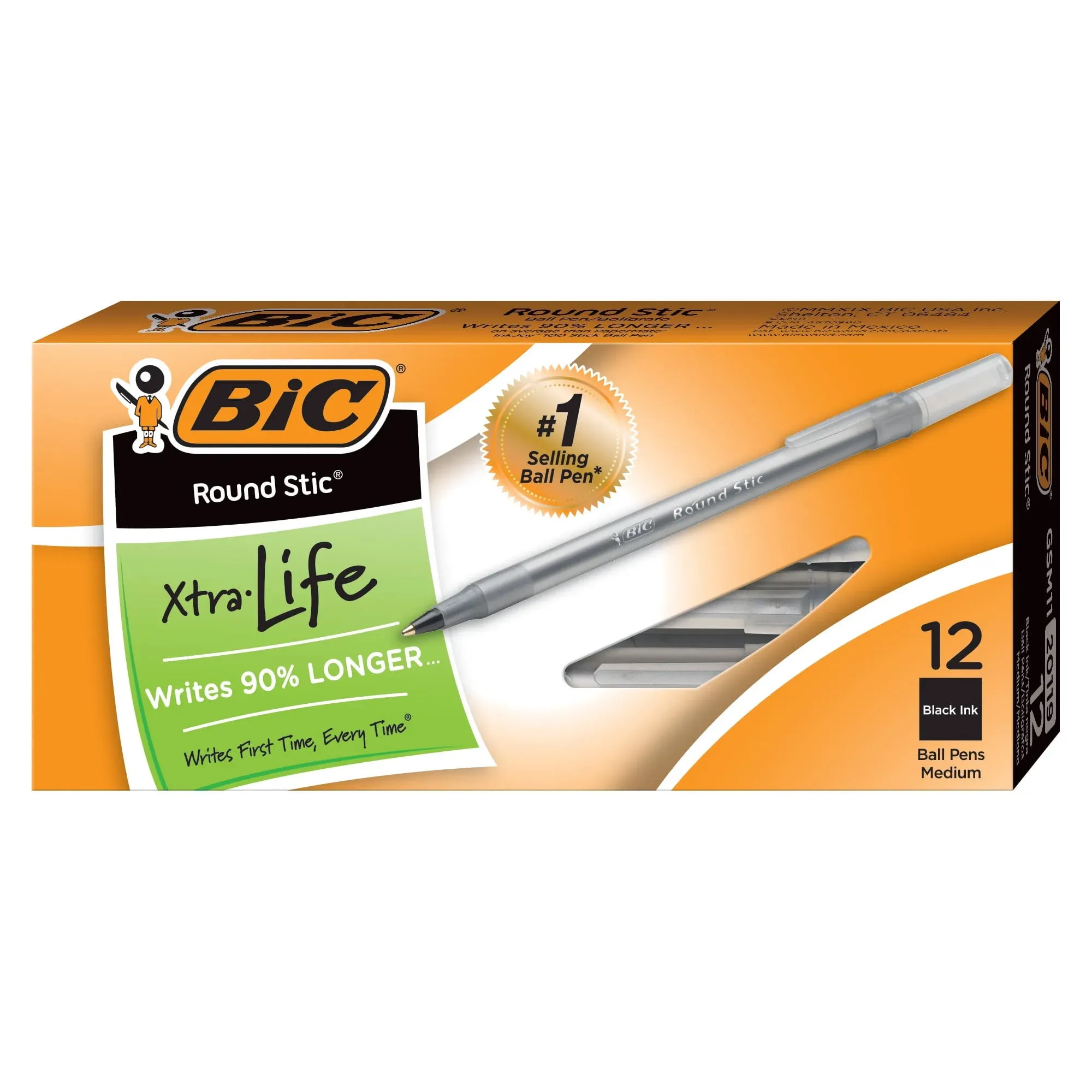 BIC Round Stic Ball Pen, Fine Point, 0.8 mm, Black Ink, Pack of 12