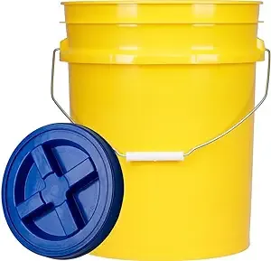 House Naturals 5 Gallon Food Grade Plastic Bucket with Air Tight Screw on Lid Made in USA Container (Yellow Bucket with Blue Lid)