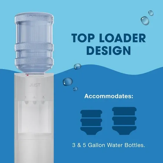 Mist Top Loading Water Cooler Dispenser, Hot, Cold & Room Temperature Water, Child Safety Lock, Holds 3 or 5 Gallon Bottles, Perfect for Home and Office Use Energy Star Approved - White