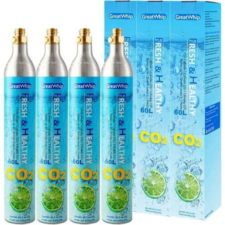 GreatWhip 60L CO2 Cylinder For Soda Water, Exchange Carbonator Compatible With Soda Maker Appliance, Threaded Cylinders, Set of 4