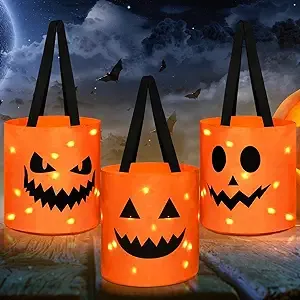 3 Pieces Led Light Halloween Trick Or Treat Bags Pumpkin Bucket Light Up Hallowe