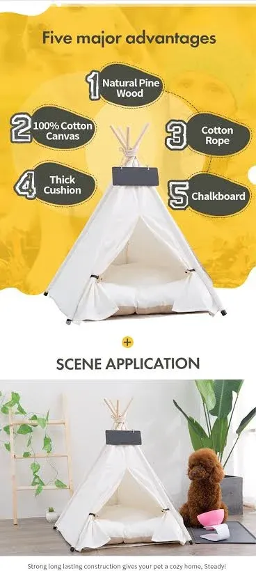 Pet Teepee Dog & Puppy Cat Tents Tipi Bed Portable Houses with Thick Cushion for Pets Up to 15lbs