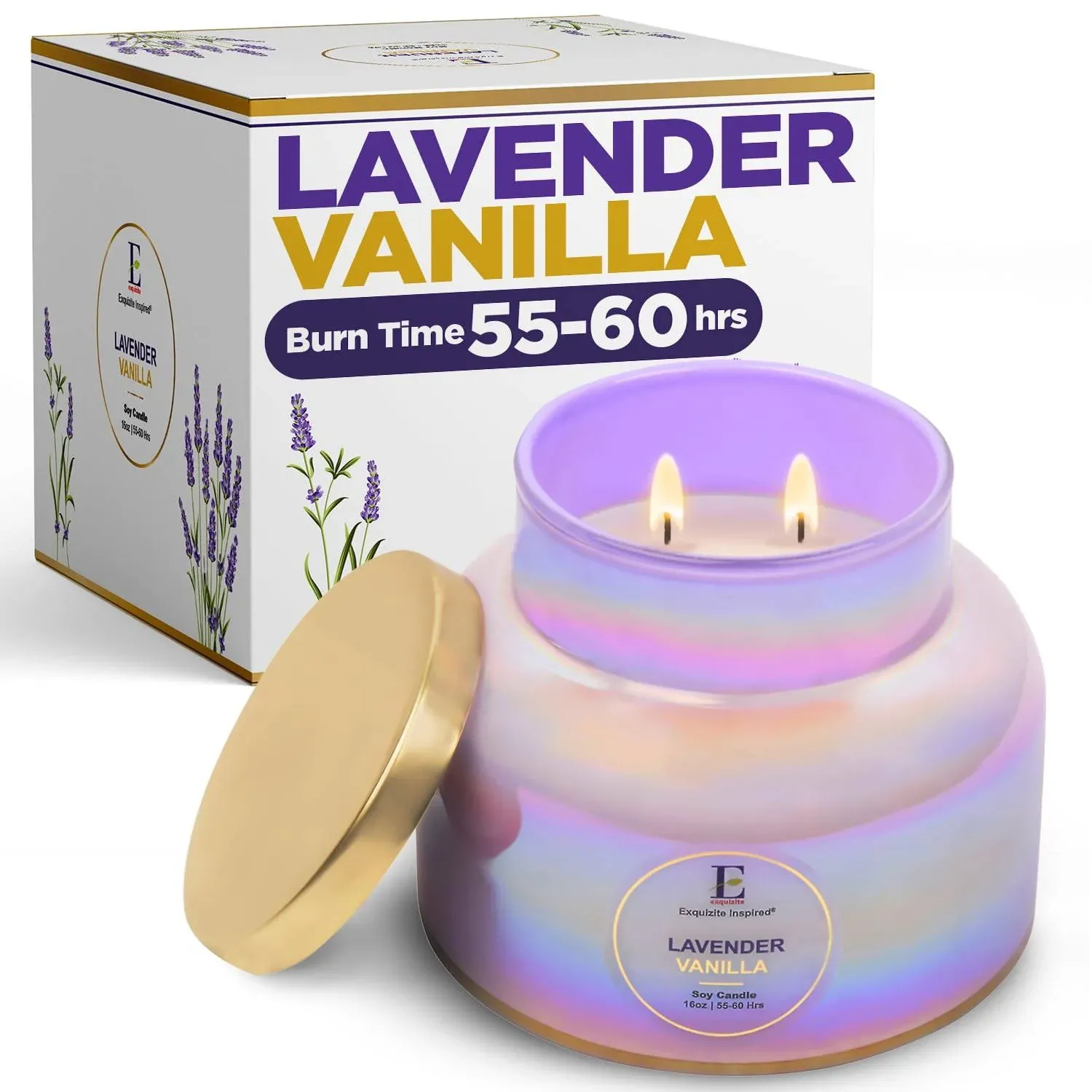 Lavender Vanilla Candle | Long Lasting Over 55 Hours, Highly Scented | 100% Soy, 3-Wick, Hand Poured | Large 16oz