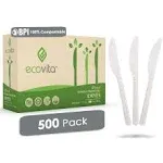 100% Compostable Knives - 500 Large Disposable Utensils (7 in.) Bulk Size Eco Friendly Durable and Heat Resistant Alternative to Plastic Knives with Convenient Tray