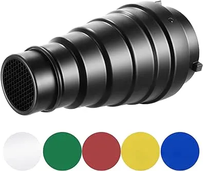 Neewer Medium Aluminum Alloy Conical Snoot Kit with Honeycomb Grid and 5 Gel Filters for Studio Strobe Monolight Photography Flash in Bowens Mount