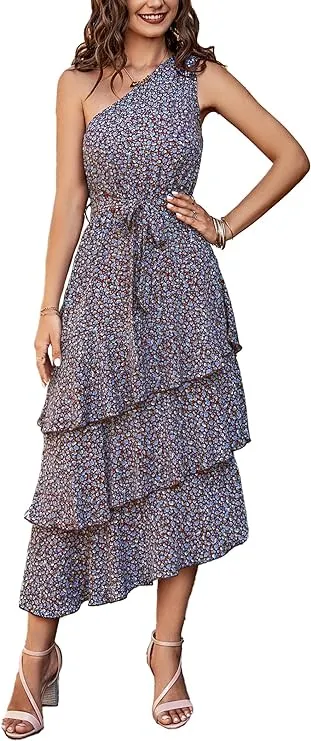 PRETTYGARDEN Women's Summer Floral Sundress Casual One Shoulder Tiered Ruffle Flowy Midi Beach Boho Dresses