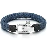 COOLSTEELANDBEYOND Large Braided Cotton Rope Mens Womens Stainless Steel Nautical Screw Anchor Shackle Wrap Bracelet