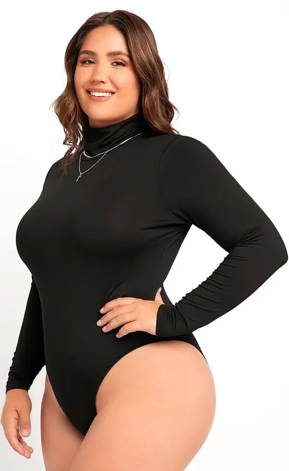 MakeMeChic Women's Plus Size Casual Turtleneck Long Sleeve Bodysuit Tee Shirt Top