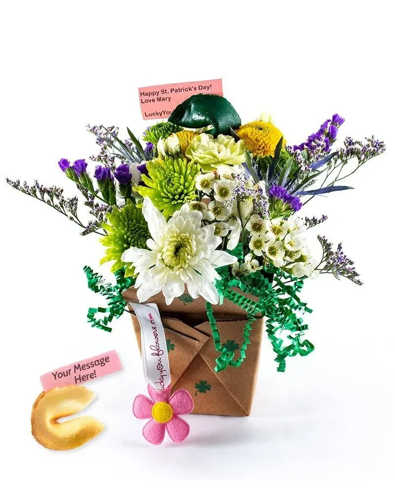 Get Lucky Fresh Cut Live Flowers Arranged in a Takeout Container with Your Personal Message Tucked Inside a Fortune Cookie