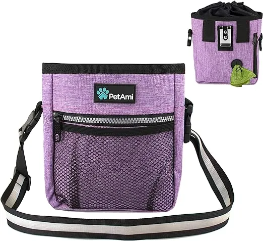 PetAmi Dog Treat Pouch, Pet Treat Pouch for Training, Dog Walking Bag Holder for Kibbles, Pet Food Toy, Dog Trainer Essentials Supplies, Poop Bag Dispenser, 3 Ways to Wear (Purple)