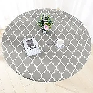 Zhuqing Heavy Duty Vinyl Round Fitted Tablecloth, Gray Moroccan Design ...