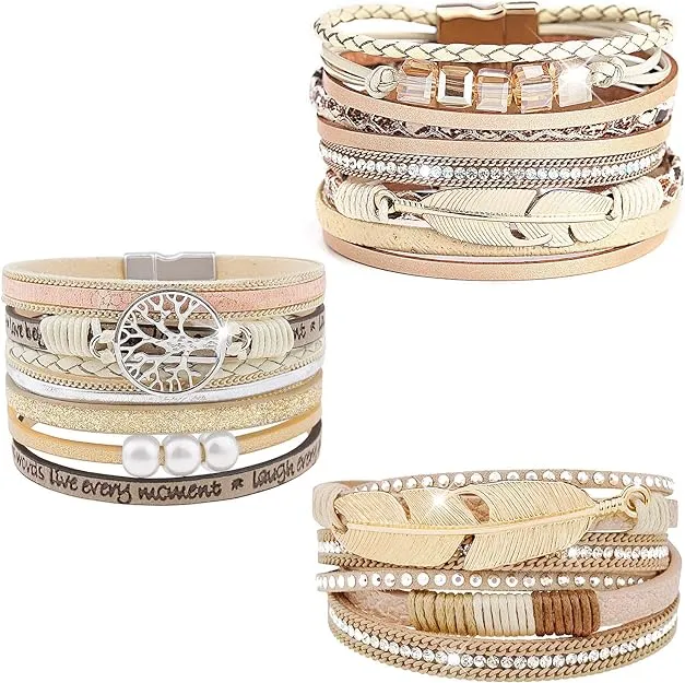 Wowanoo 3Pack Leather Cuff Bracelet Set Multilayer Wrap Bracelet Crystal Feather Tree Bracelet Magnetic Clasp Bracelet for Women