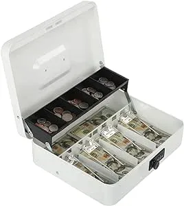 Cash Box with Combination Lock, Metal Money Box with Cash Tray, Lock Safe Box, 4 Bill/5 Coin Slots, 11.8L x 9.5W x 3.5H Inches, White