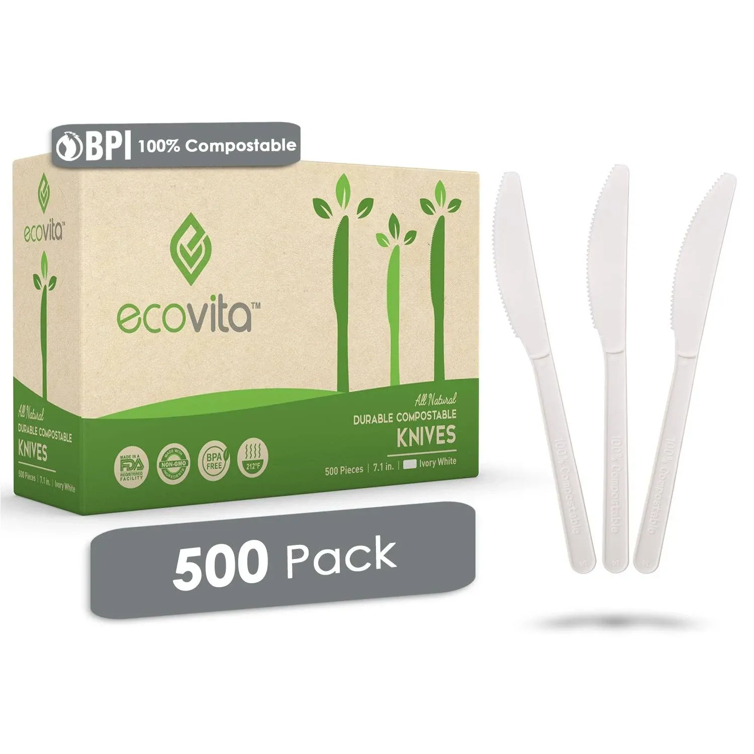 100% Compostable Knives - Disposable Eco Knife Utensil Sets 500 PCS - Eco Friendly Alternative to Plastic Knives | Ecovita