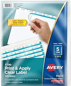 Avery Print and Apply Index Maker Clear Label Dividers, 5 White Tabs, Letter, 5 Sets