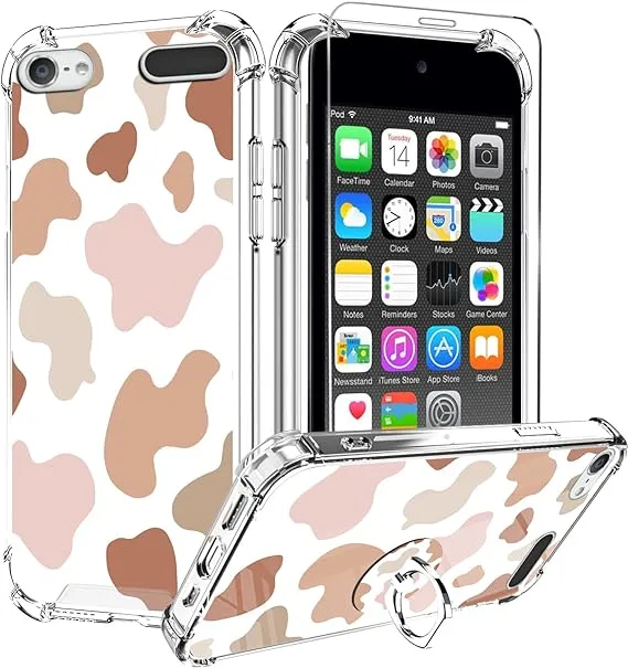 Ipod Touch 7/6/5 Case, Cute Cow Print with Screen Protector,Kick<wbr/>stand Ring Holde