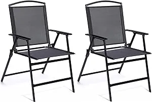 Patio Folding Sling Dining Chairs Set of 2 Outdoor Indoor Backrest Portable Household Seats for Outside Lawn Garden Patio Pool Yard with Armrest(Black)