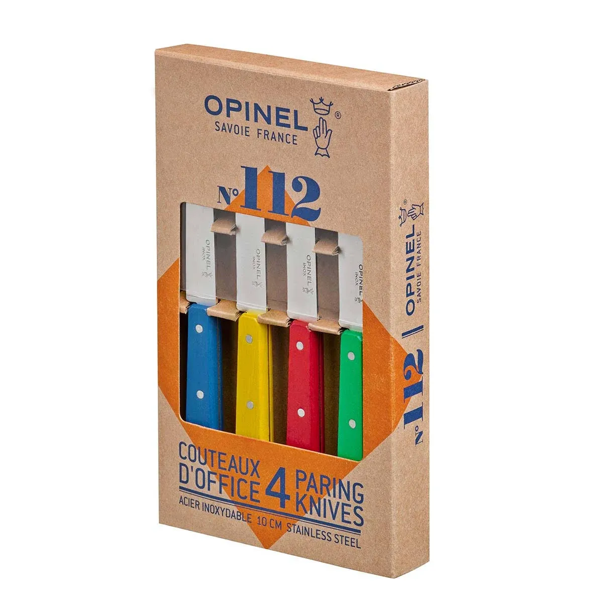 Opinel No. 112 Paring Knives Box Set, 4 Piece Paring Knife Set, High Carbon Steel for Chopping, Peeling, Slicing, Trimming, Painted Hornbeam Handles, Made in France (Classic), One Size, (001233)