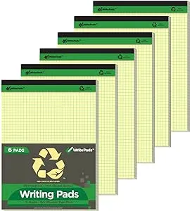 Kaisa Quad Legal Pad Writing Pads, 8.5"x11.75" Graph Ruled 8.5x11 Legal Pads Note Pads, 50 Sheets Grid Paper Pads Recycled Notepads, Canary 6 Pads,