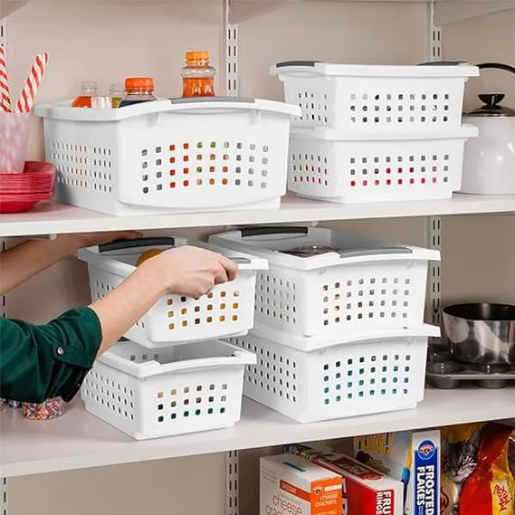 Sterilite Stackable Storage Bin and Organization Basket with Flip Down Accent Rails for Home and Household Organization, Small, White (16 Pack)