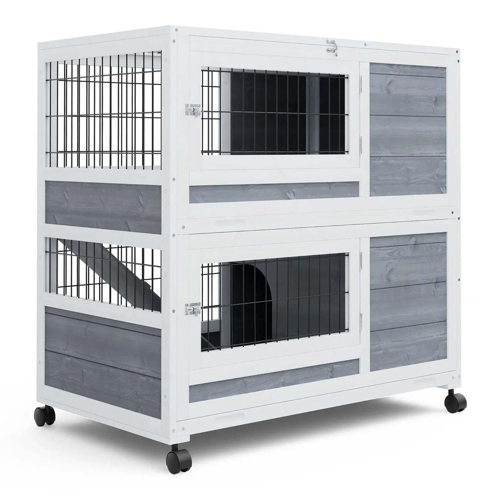 Monibloom 35.5" Wooden Rabbit Hutch w/2 Slide-Out Trays, Two Layer Guinea Pig House w/4 Wheels, Gray