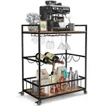 Serving Cart,3-Tier Bar Cart with Wine Rack,Modern Wood and Metal Portable