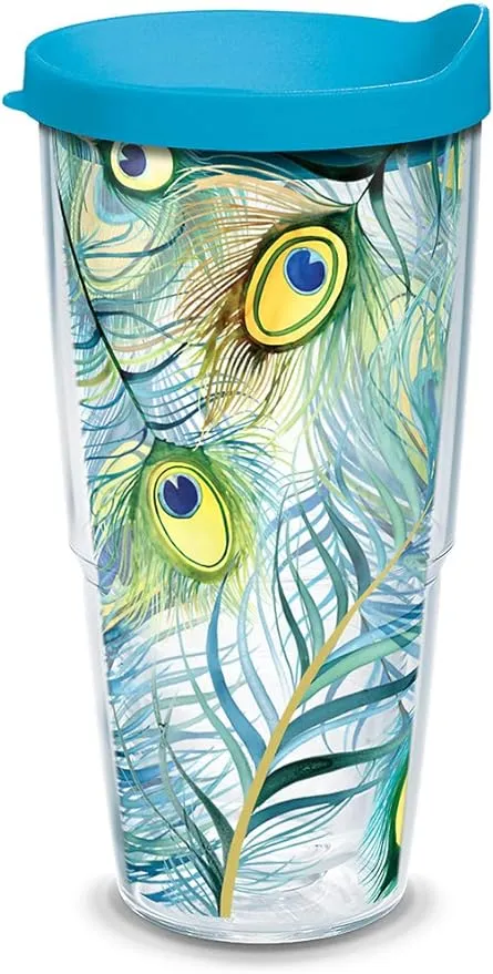 Tervis Peacock Tumbler with Wrap and Turquoise Lid 24oz, Clear