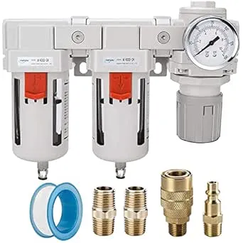 NANPU 1/2" NPT Air Drying System - Double Air Filters, Air Pressure Regulator Combo - Semi-Auto Drain, Poly Bowl