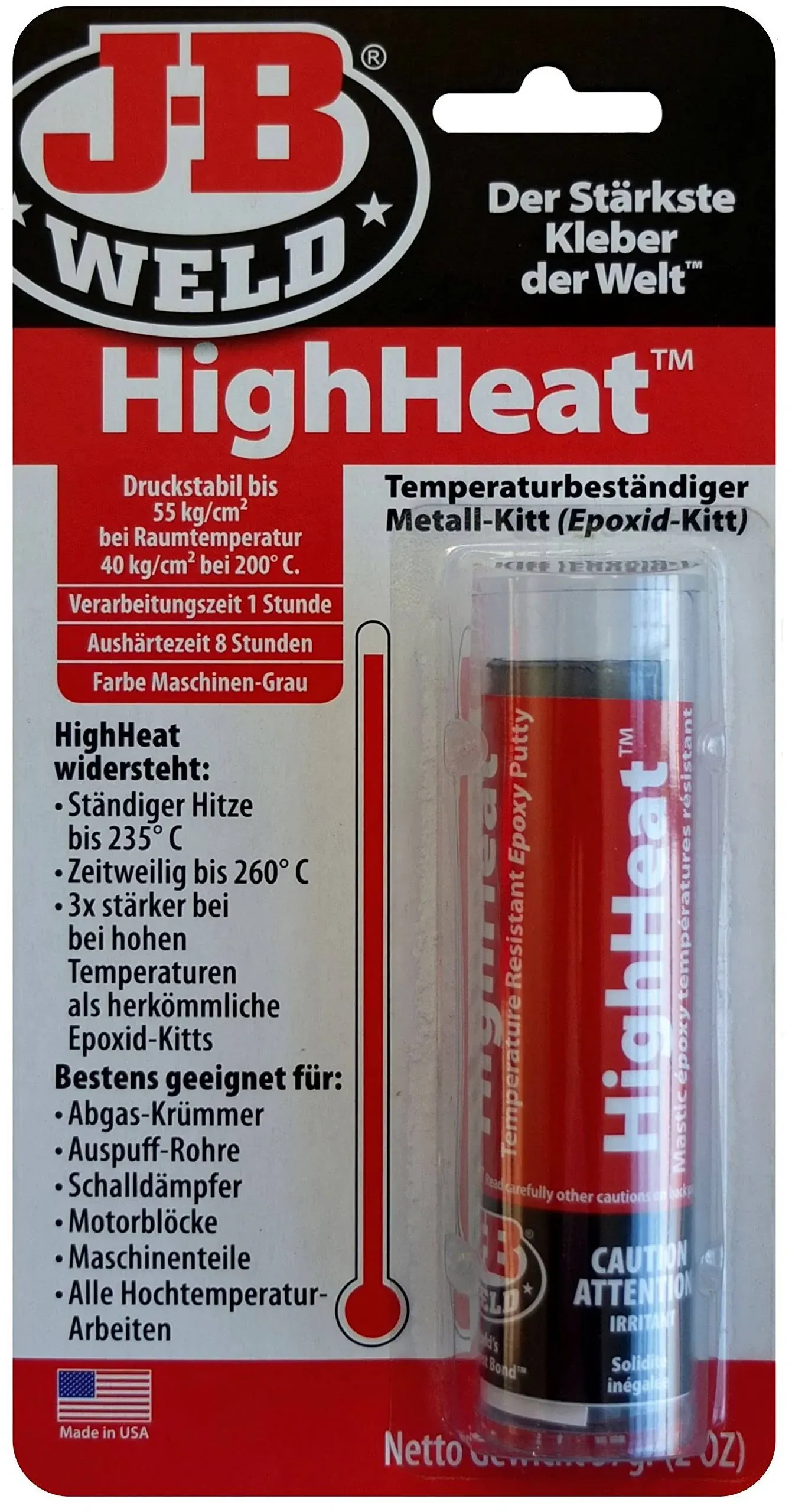 J-B Weld 8297-DEU HighHeat, Heat-Resistant epoxy Metal Putty for All high Temperature Jobs, One Size, Gray, 2 Ounce