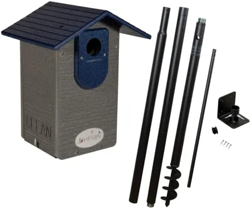 JCs Wildlife Ultimate Eastern and Western Bluebird House with Universal Mounting Pole Kit - Garden Birdhouse and Pole Combo (Blue and Gray)