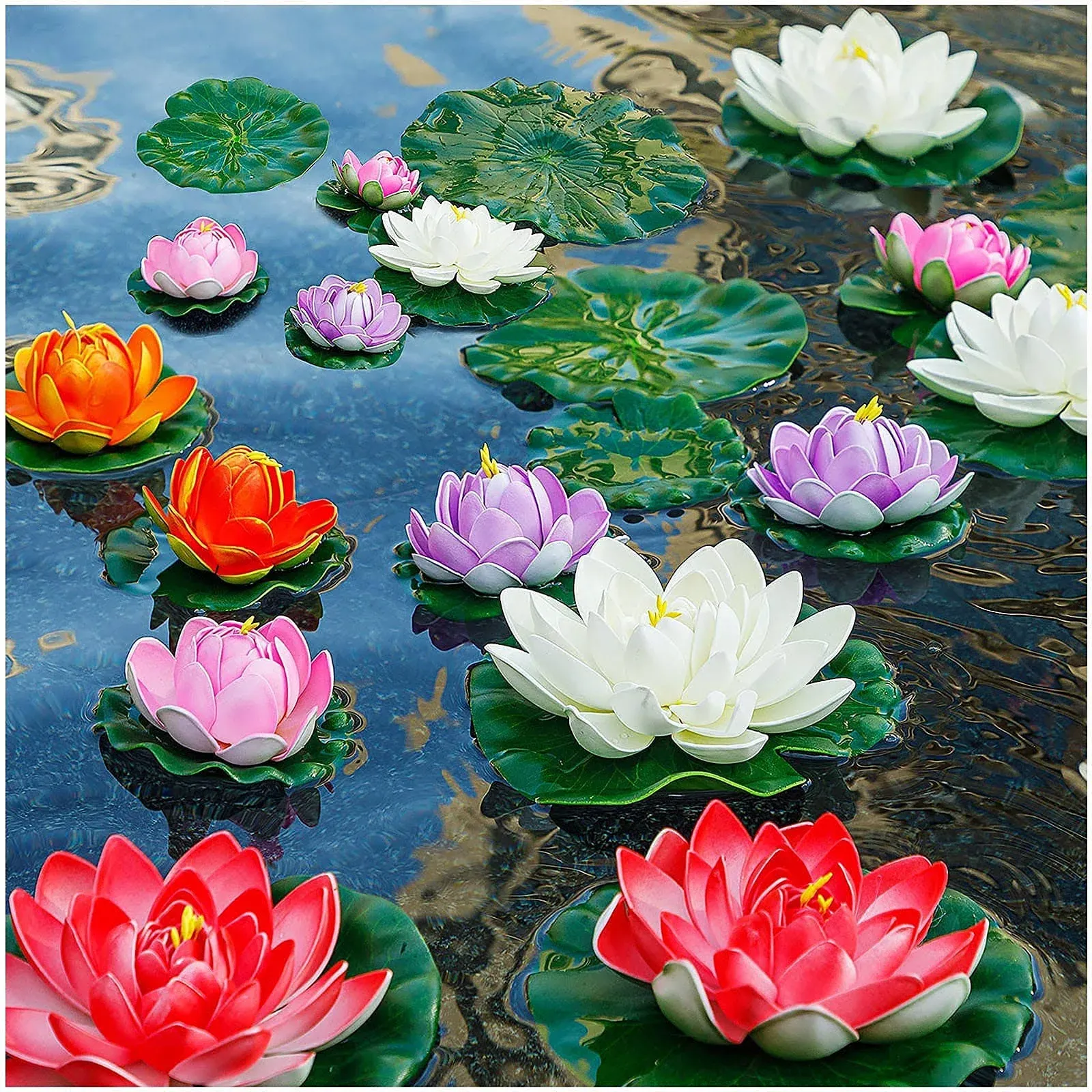 WhistenFla Artificial Lily Pads for Pond, 11in & 6in Artificial Flowers Floating Foam Lotus Flower with Fake Lily Pads, for Pool Garden Koi Fish