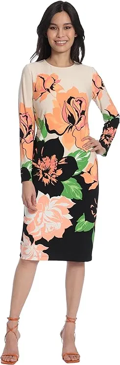 Maggy London Women&#x27;s Midnight Rose Printed Long Sleeve Midi Sheath Dress