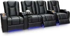 Seatcraft Serenity Leather Home Theater Seating - Living Room - Power Recline - Tray Tables - in-Arm Storage - Ambient Base Lighting and Lighted Cupholders (Row of 4 Middle Loveseat, Black)