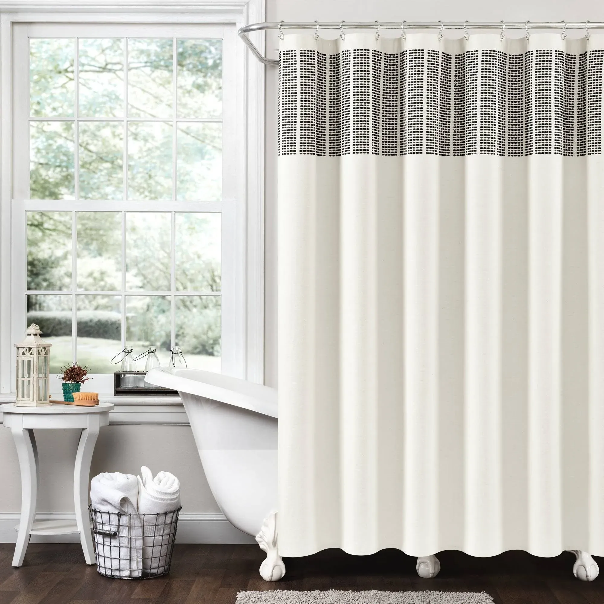 Lush Decor Stitched Woven Stripe Yarn Dyed Cotton Shower Curtain, 72" x 72", Ivory & Black