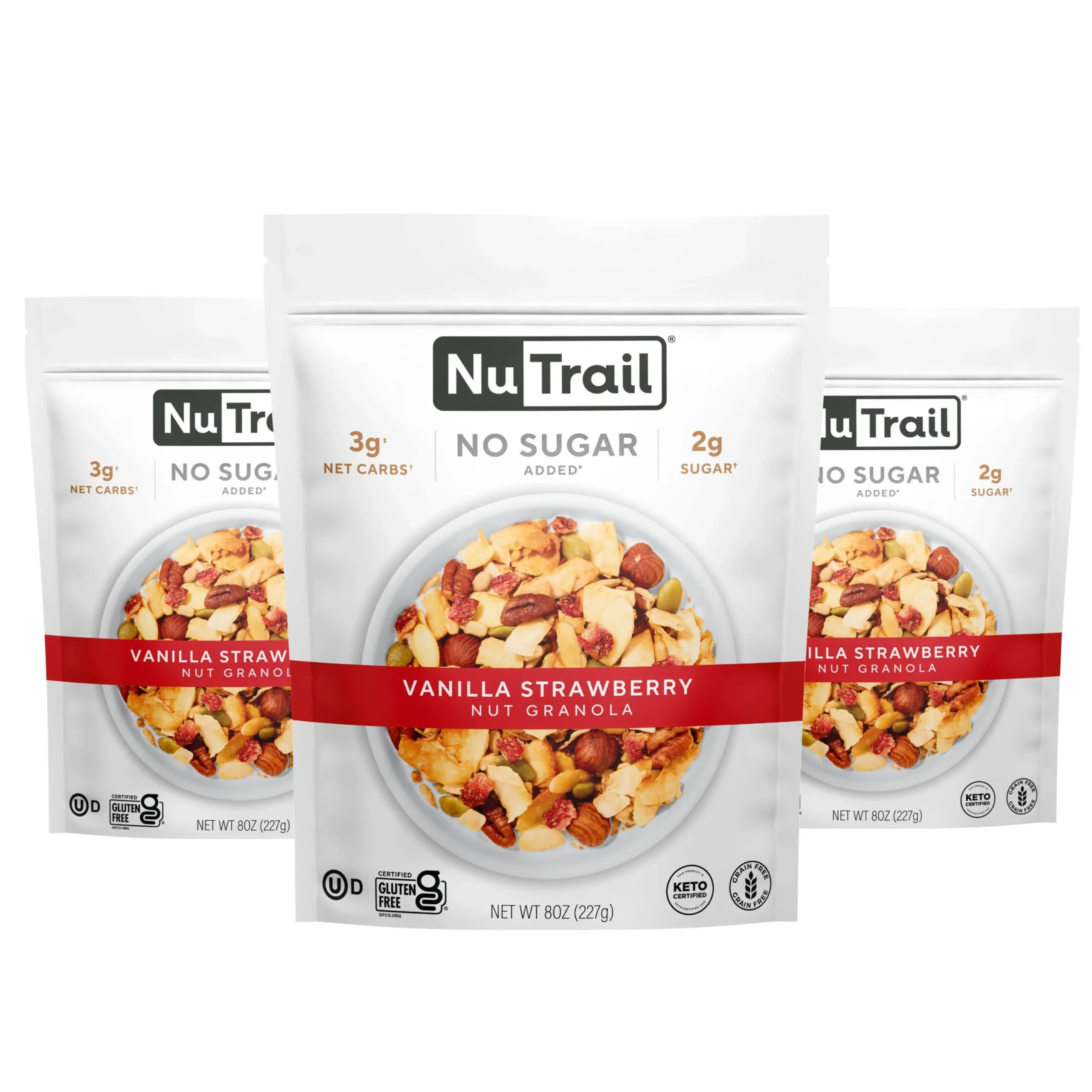 NuTrail Nut Granola Cereal, Vanilla Strawberry, No Sugar Added, Keto, Low Carb, Gluten Free, Grain Free, Healthy Breakfast 8 oz. 3 Count