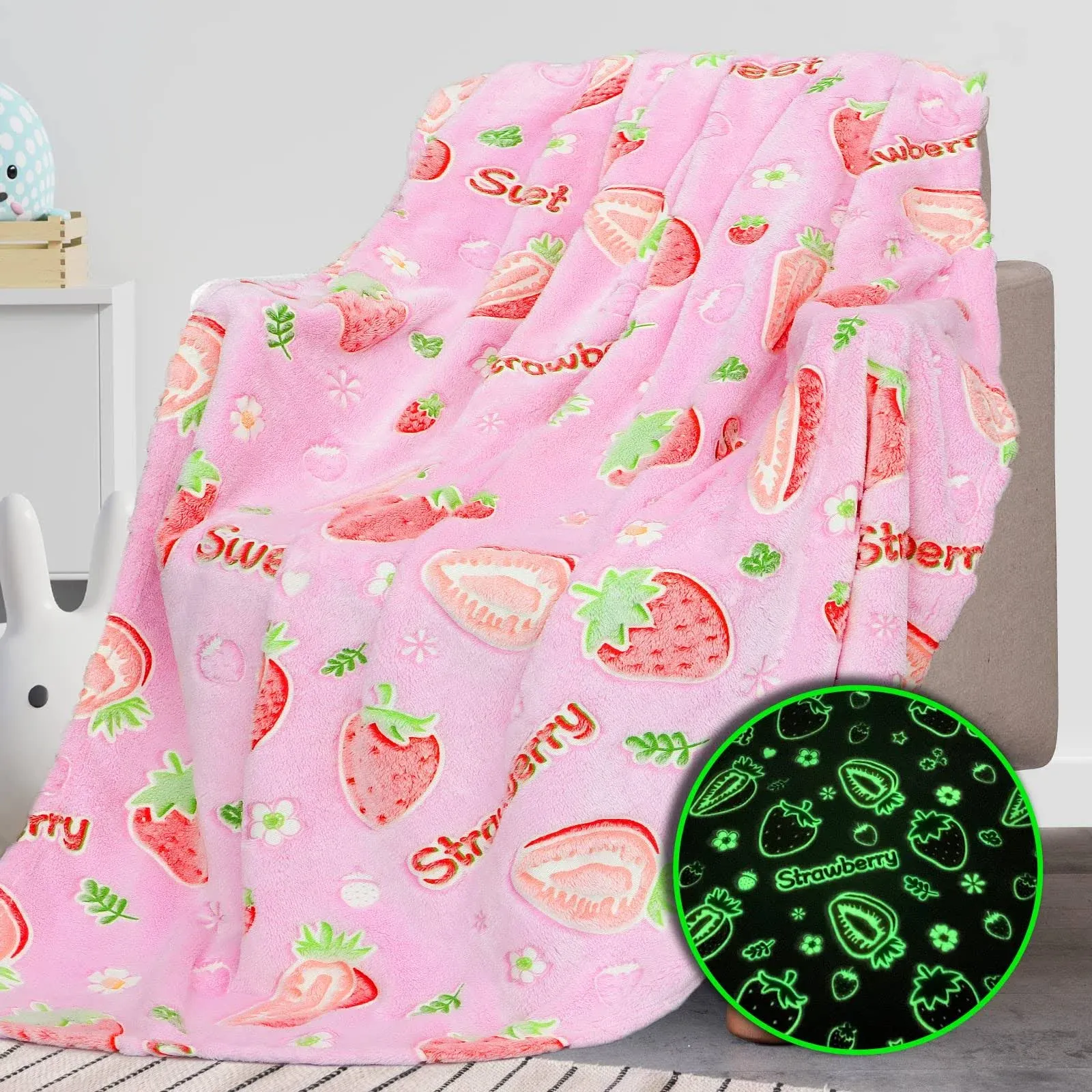 REXEO Flannel Throw Blanket, 50 x 60in, Glow in The Dark, Fluorescent Strawberry, Lightweight, Fiber Plush, for Girls Kids, Birthday Christmas Gifts