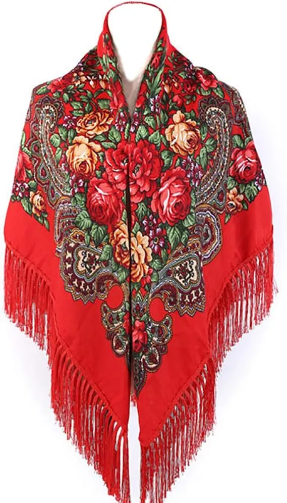 Gudessly Women's Traditional Scarf Wrap Tassel Shawl Fringes Neck Head Shawl Retro Scarf Floral Poncho Printing Shawl