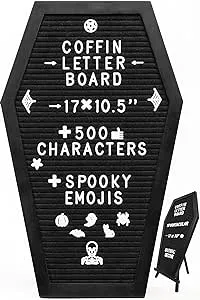 Coffin Letter Board Black With Spooky and All Seasons Emojis +500 Characters, and Wooden Stand - 17x10.5 Inches - Halloween Decorations Gothic Decor Spooky Gifts