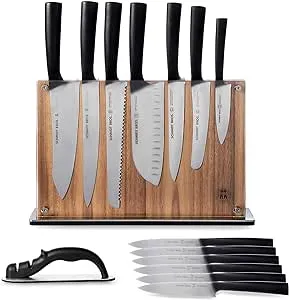 Schmidt Brothers - Carbon 6, 15-Piece Kitchen Knife Set, High-Carbon Stainless Steel Cutlery with Downtown Acacia and Acrylic Magnetic Knife Block and Knife Sharpener