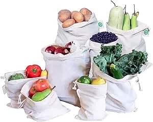 Reusable Cloth Produce Bags - Organic Cotton Cloth Vegetable Bags - Reusable Bulk Bags - Cloth Grocery Produce Bags - Flour Sack - Cotton Muslin Vegetable Storage Bags (2 XL, 2 L, 2 M, 2 S)