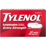 Tylenol Acetaminophen, Extra Strength, 500 mg, for Adults, Caplets - 24 caplets