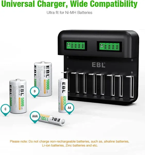 Ebl Rechargeable C Batteries LCD Battery Charger for Ni-MH AA AAA C D Rechargeable Batteries