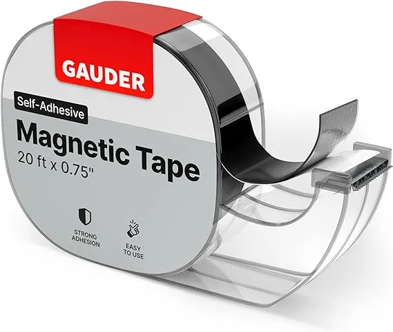 GAUDER Magnetic Tape Dispenser | Thin Magnetic Strips with Adhesive Backing (20' Long x 3/4" Wide) | Magnet Roll