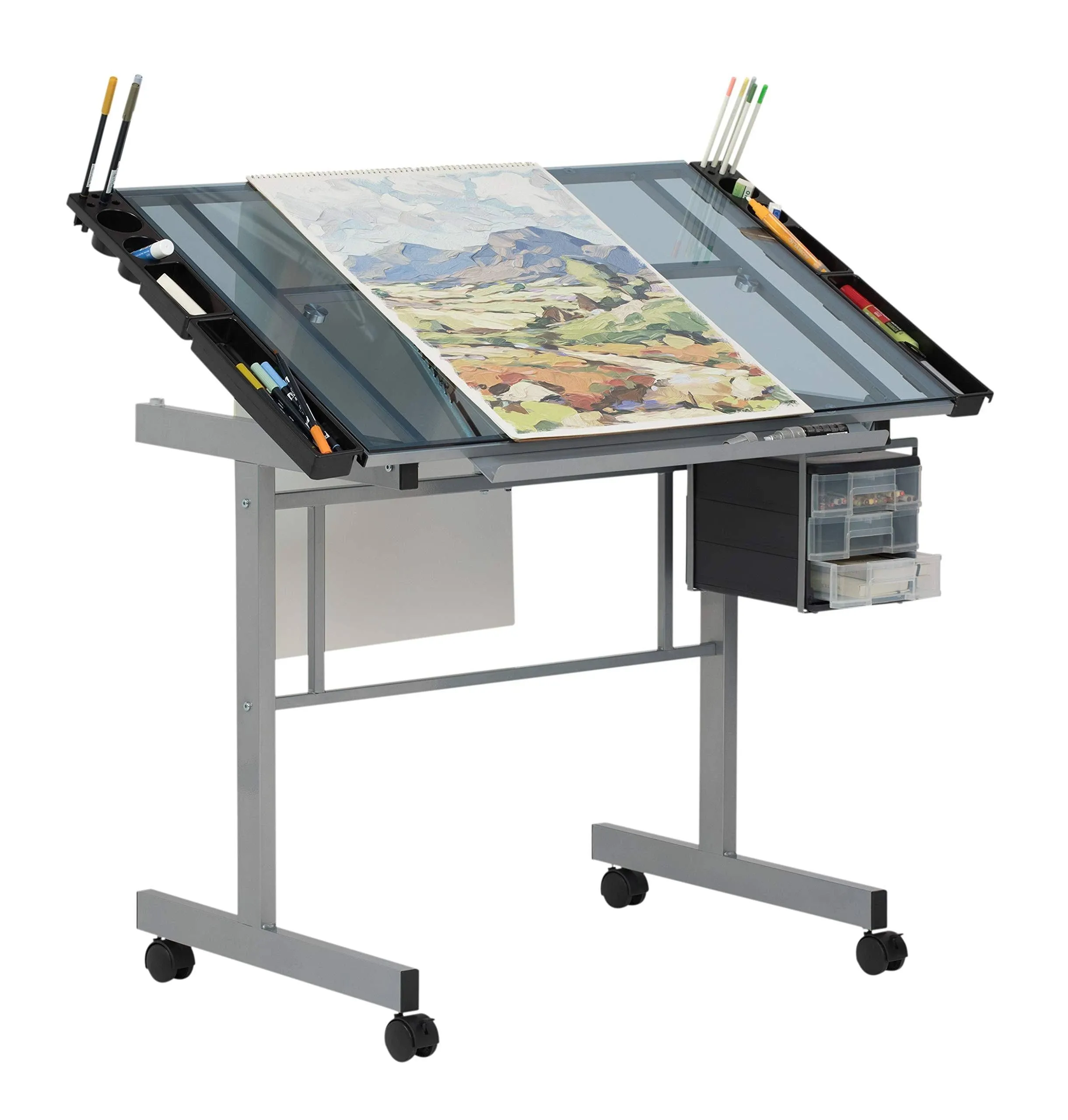 Studio Designs Vision Craft and Drawing Station - 35.5&quot; W by 23.75&quot; D Silver-Blue Glass Top Drafting Table with Pencil Drawers, Side Trays, &amp;