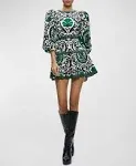 Alice + Olivia Shayla Pleated Long Sleeve Tiered Dress in Monarch Light Emerald Medium