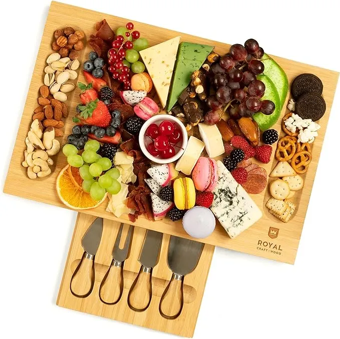 ROYAL CRAFT WOOD Premium Bamboo Charcuterie Board Set - Cheese Platter & Serving Tray with 4 Knives - Perfect Housewarming Gift, Wedding Gift, Bridal Shower Gift - Ideal for Entertaining and New Home