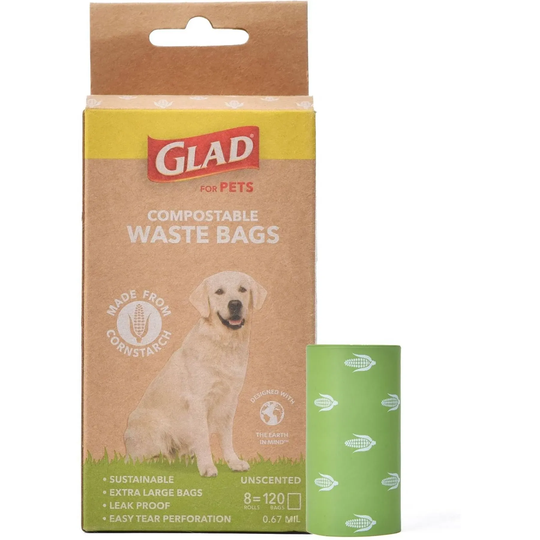 GLAD for Pets Compostable Waste Bags, Extra Large Size, 120 Count | Sustainable Dog Waste Bags Made from Cornstarch, Certified At-Home and Industrially Compostable Poop Bags